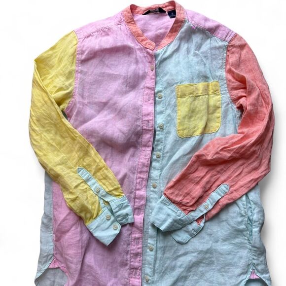 100% Linen Lands' End Pastels Colour block shirt with pockets. Size S (6-8) - Picture 6 of 8